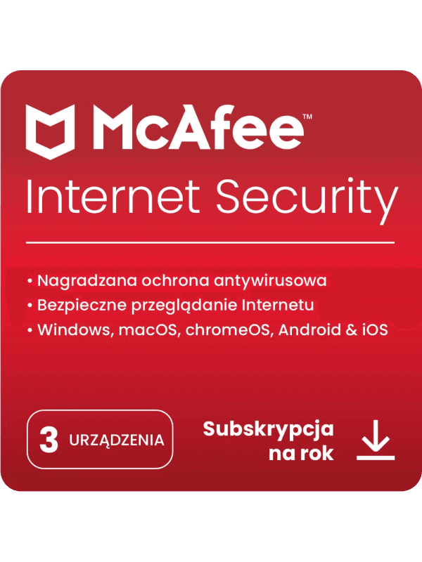 McAfee® Internet Security, program antywirusowy, oprogramowanie zapewniające bezpieczeństwo w Internecie, 3 urządzenia (Windows®/Mac®/Android/iOS), subskrypcja na 1 rok – cover